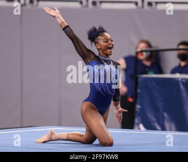 Fort Worth, TX, USA. 16th Apr, 2021. Florida's Trinity Thomas does the Gator Chomp during the Semifinals of the 2021 NCAA Women's National Collegiate Gymnastics Championship at Dickies Arena in Fort Worth, TX. Kyle Okita/CSM/Alamy Live News Stock Photo