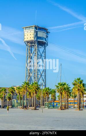 Cable car connecting Barceloneta beach and Montjuic castle in Barcelona ...