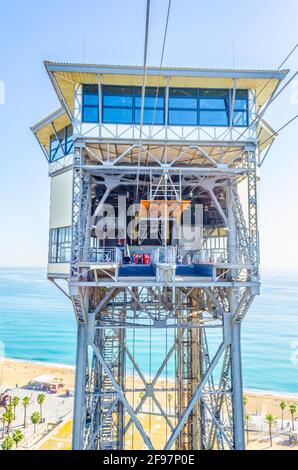 Cable car connecting Barceloneta beach and Montjuic castle in Barcelona ...