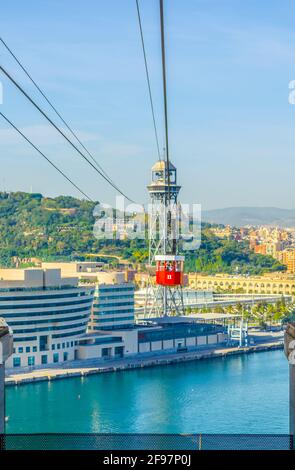 View of the cable car connecting barceloneta beach and montjuic hill in ...