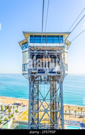 Cable car connecting Barceloneta beach and Montjuic castle in Barcelona ...