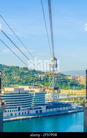 View of the cable car connecting barceloneta beach and montjuic hill in ...
