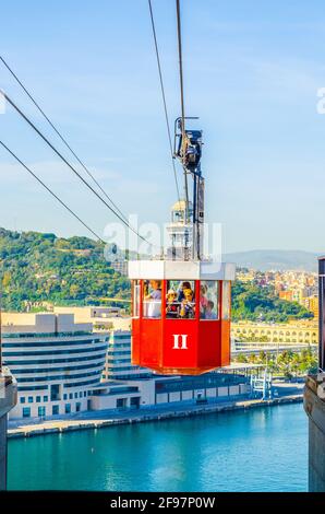 Cable car connecting Barceloneta beach and Montjuic castle in Barcelona ...