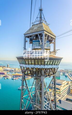 Cable car connecting Barceloneta beach and Montjuic castle in Barcelona ...