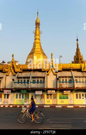 Myanmar, Yangon, the Sule Pagoda, woman, bicycle, Stock Photo
