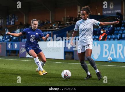 Chelsea's Jorja Fox (left) and London City Lionesses' Atlanta Primus (right) battle for the ball during the Vitality Women's FA Cup fourth round match at Kingsmeadow Stadium, London. Stock Photo