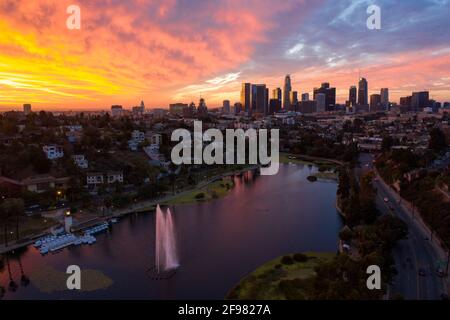 Spectacular sunrise over Echo Park Lake with the downtown Los Angeles skyline in the distance Stock Photo