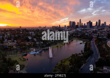 Spectacular sunrise over Echo Park Lake with the downtown Los Angeles skyline in the distance Stock Photo