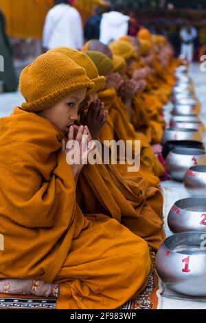 India, Bodhgaya, scenes at the Mahabodhi temple, mendicant monks Stock Photo