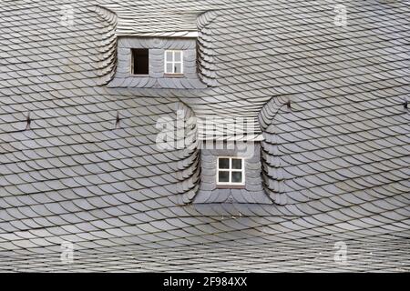 Slate roofs decorate the historic houses in Goslar / Harz, Lower Saxony Stock Photo