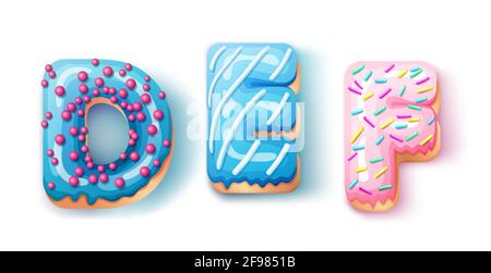 Donut icing upper latters - DEF Font of donuts. Bakery sweet alphabet. Donut alphabet latter DEF isolated on white background, vector illustration Stock Vector