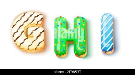 Donut icing upper latters - ghi Font of donuts. Bakery sweet alphabet. Donut alphabet latter ghi isolated on white background, vector illustration Stock Vector