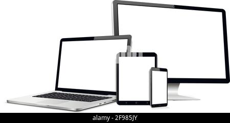 Device screen mockup. Smartphone, tablet, laptop and computer monitor with blank screen. Stock Vector