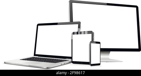 Digital device screen mock up. Smartphone, tablet, laptop, computer screen with blank screen. Stock Vector