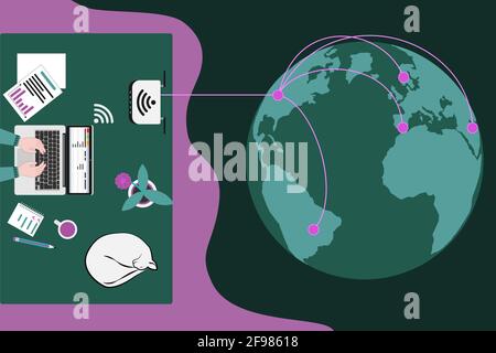 Workplace for telework or learning and Earth Stock Vector