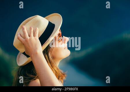 Excited young woman exploring amazing North Cascades National Park Stock Photo