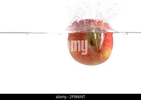 ripe red apple and clear water splash isolated on white Stock Photo