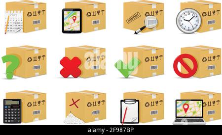 Delivery cardboard boxes with handling and packing objects and signs Stock Vector