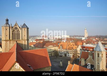 Germany, Lower Saxony, Braunschweig, cathedral and Burgplatz, view from the town hall tower Stock Photo