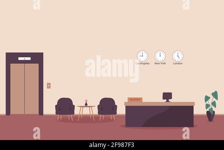 Administrator workplace in hotel or bank with elevator. Interior of a modern reception desk in the waiting room with armchairs and table or lobby Stock Vector