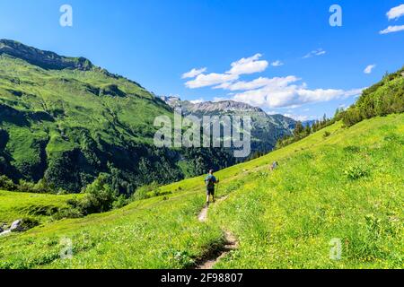 Hikers in alpine mountain landscape with green meadows and forest on a sunny summer day. Allgäu Alps, Bavaria, Germany Stock Photo