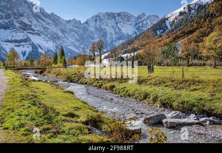 Autumn landscape at the Großer Ahornboden with Rissbach and Karwendel Mountains in the Riss Valley, Vomp, Tyrol, Austria Stock Photo