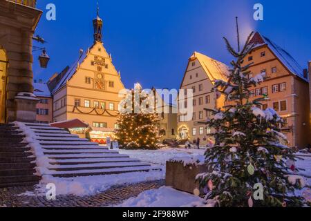 Christmas tree on the market square with Ratstrinkstube, Rothenburg ob der Tauber, old town, Taubertal, Romantische Strasse, Middle Franconia, Franconia, Bavaria, Germany Stock Photo