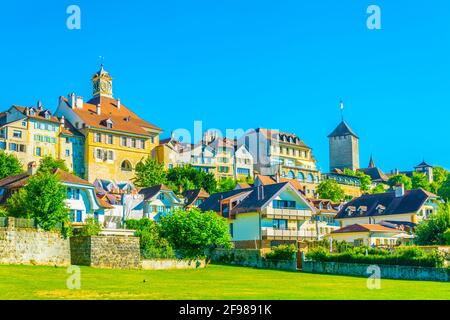 View of the historical city Murten in Switzerland Stock Photo