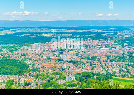View from Gurten hill on Bern dominated by Münster cathedral and Bundeshaus, Switzerland Stock Photo