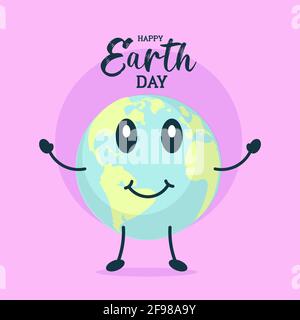 Happy Earth Day poster, smiling planet globe flat illustration banner, vector Stock Vector