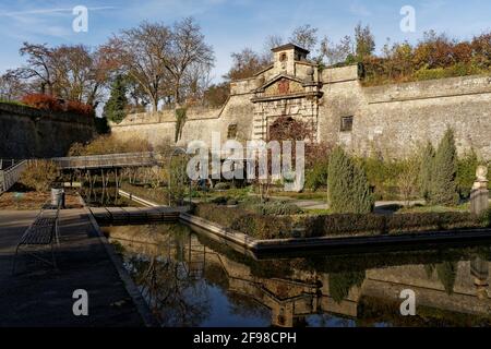 Old garden show grounds in Würzburg below the Marienberg Fortress, Lower Franconia, Franconia, Bavaria, Germany Stock Photo