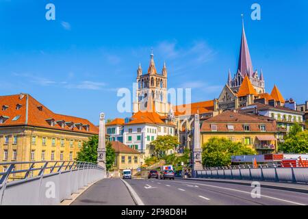 Lausanne gothic cathedral Behind Charles Bessieres bridge, Switzerland Stock Photo