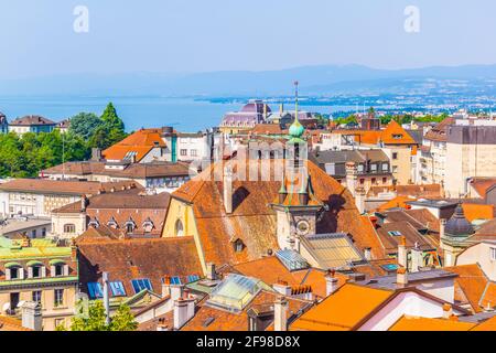 Panorama of Lausanne with town hall tower, Switzerland Stock Photo