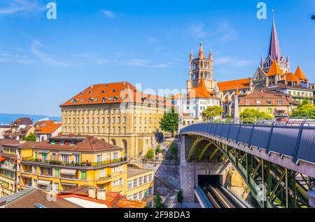 Lausanne gothic cathedral Behind Charles Bessieres bridge, Switzerland Stock Photo