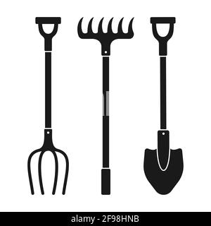 Shovel, pitchfork and rake cartoon black glyph set. Work tool for outdoor activities digging symbol. Rural gardening, Construction equipment collection. Hand drawn garden concept vector illustration Stock Vector