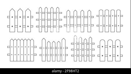 Fence black line flat cartoon set. Rural wooden fences, pickets garden wood wall house concepts. Hand drawn picket, pasture, fence and wall, collection. Isolated vector illustration Stock Vector