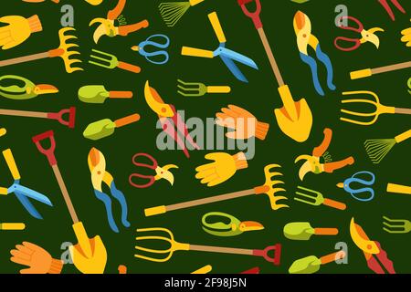 Gardening tools seamless pattern. Shovel pitchfork and rake cartoon style. Equipment pruner, scissors. Work tool for farming cultivating digging. Hand drawn wallpaper farm vector illustration Stock Vector