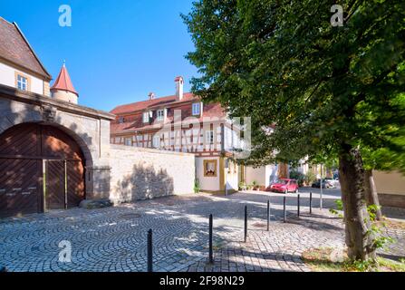 Half-timbered house, house facade, front door, window, Seßlach, Franconia, Bavaria, Germany, Stock Photo