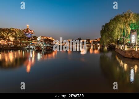 Sunset and night landscape of Shantang Street in Suzhou Stock Photo