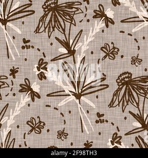 Seamless linen doodle floral pattern background. Calm boho earthy tone color wallpaper. Simple modern scandi unisex flower design. Organic childish Stock Photo