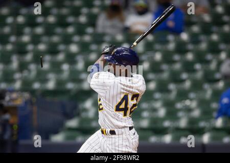 Milwaukee, WI, USA. 16th Apr, 2021. Milwaukee Brewers shortstop Luis Urias  #42 throws out a runner during the Major League Baseball game between the  Milwaukee Brewers and the Pittsburgh Pirates at American