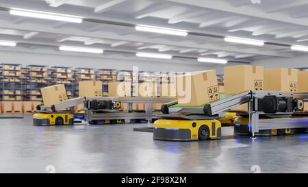 Robots efficiently sorting hundreds of parcels per hour(Automated guided vehicle) AGV.3d rendering Stock Photo