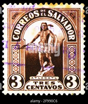 MOSCOW, RUSSIA - NOVEMBER 4, 2019: Postage stamp printed in El Salvador shows Monument of Atlacatl, Country Symbols serie, circa 1924 Stock Photo