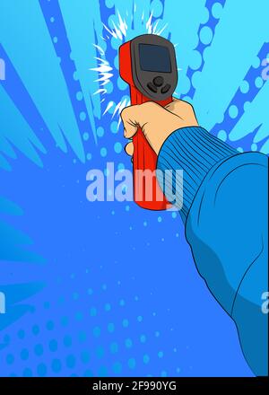 A handheld non-contact digital infrared thermometer gun. Vector illustrated comic book style modern temperature measurement device. Stock Vector