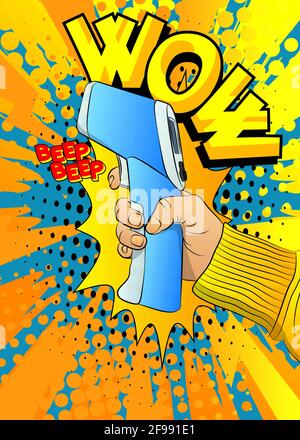 A handheld non-contact digital infrared thermometer gun. Vector illustrated comic book style modern temperature measurement device. Stock Vector