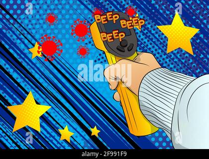 A handheld non-contact digital infrared thermometer gun. Vector illustrated comic book style modern temperature measurement device. Stock Vector