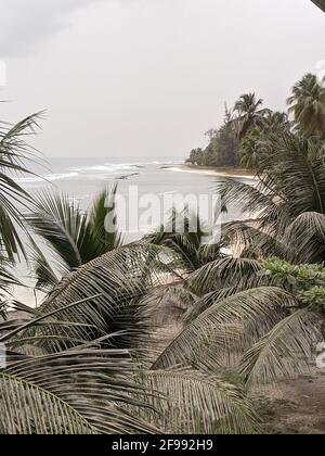 Ash on a beach in Barbados following the volcanic eruption of La Soufrière on neighbouring St. Vincent Stock Photo