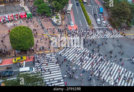 Famous Shibuya Crossing in Tokyo - aerial view - TOKYO / JAPAN - JUNE 12, 2018 Stock Photo