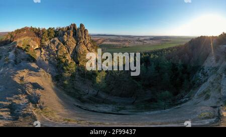Germany, Saxony-Anhalt, Timmenrode, Hamburg coat of arms, part of the devil's wall in the Harz Mountains, panoramic view, aerial view. Stock Photo