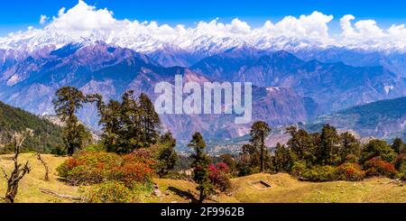 This is the view of Himalayas Panchchuli peaks & alpine landscape from Khalia top trek trail at Munsiyari. Khalia top is at an altitude of 3500m Stock Photo